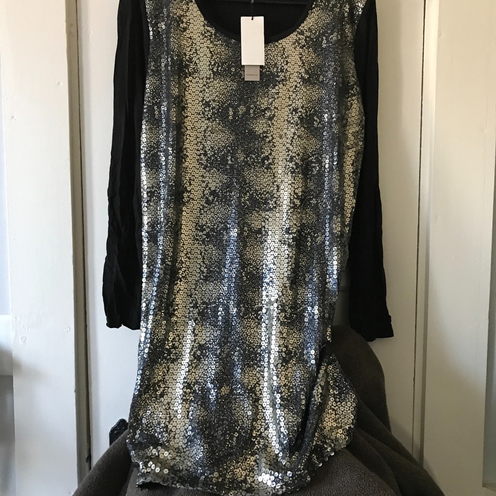 CALVIN KLEIN Sexy Silver Sequin Dress Sz L - Picture 3 of 6